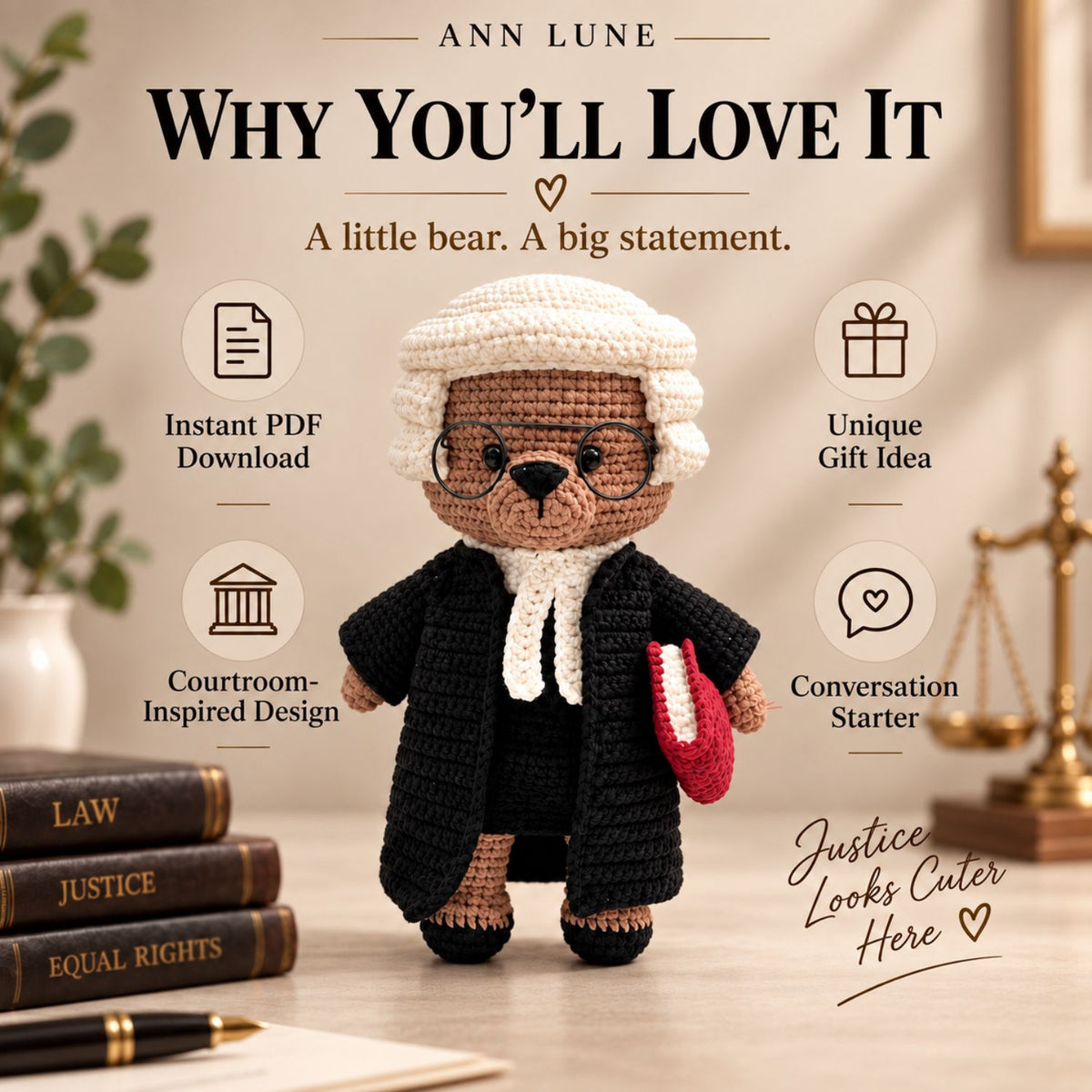 Barrister Bear Crochet Pattern PDF – Judge Bear Amigurumi, Lawyer Gift, Courtroom Crochet Pattern