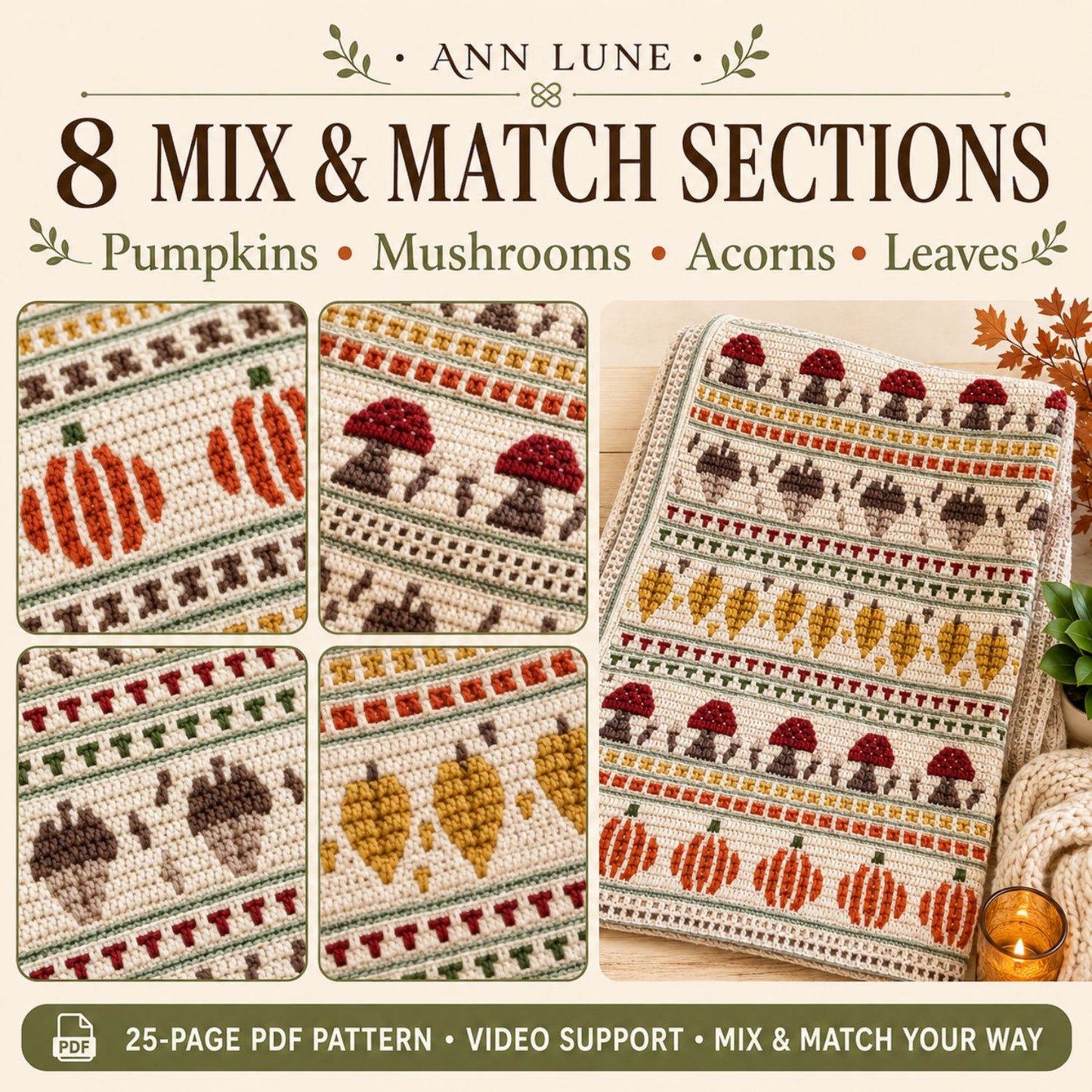 Fall Mosaic Crochet Blanket Pattern PDF, Pumpkin Mushroom Acorn Autumn Blanket, Overlay Mosaic Crochet Pattern