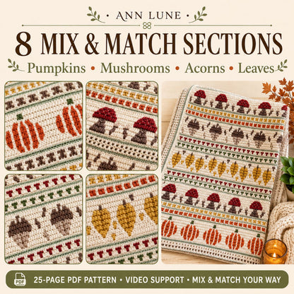 Fall Mosaic Crochet Blanket Pattern PDF, Pumpkin Mushroom Acorn Autumn Blanket, Overlay Mosaic Crochet Pattern