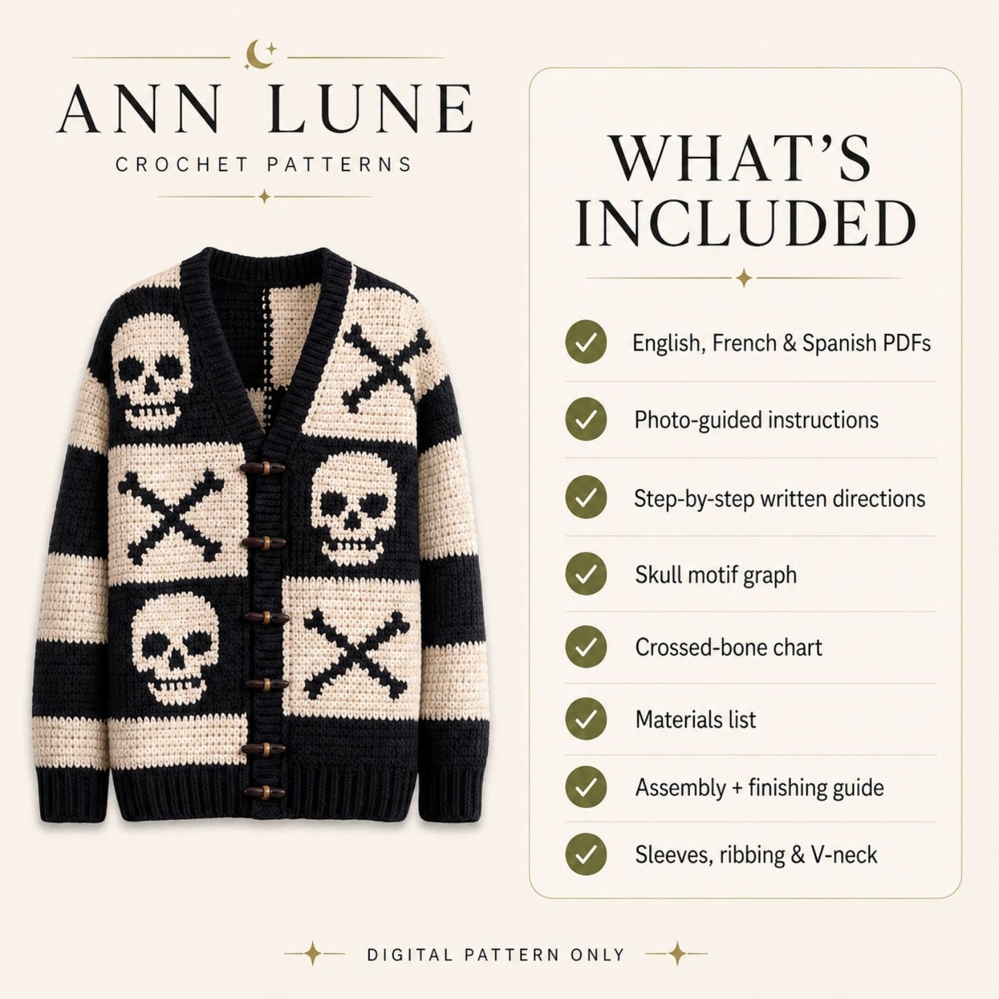 Skull Patchwork Cardigan Crochet Pattern PDF, Gothic Halloween Granny Square Sweater, 3 Languages