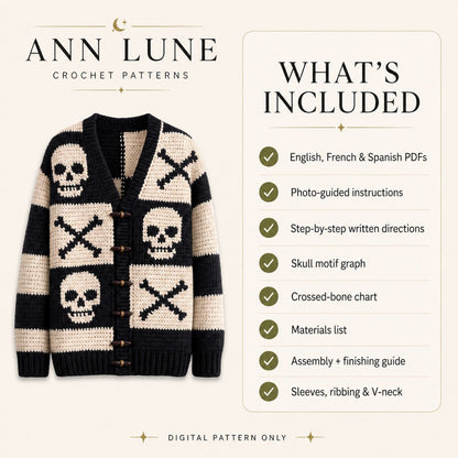 Skull Patchwork Cardigan Crochet Pattern PDF, Gothic Halloween Granny Square Sweater, 3 Languages