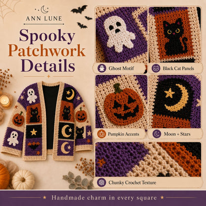 Halloween Crochet Patchwork Cardigan Pattern PDF, Spooky Pumpkin Ghost Cat Sweater, Gothic Fall Crochet Pattern, XS–8XL