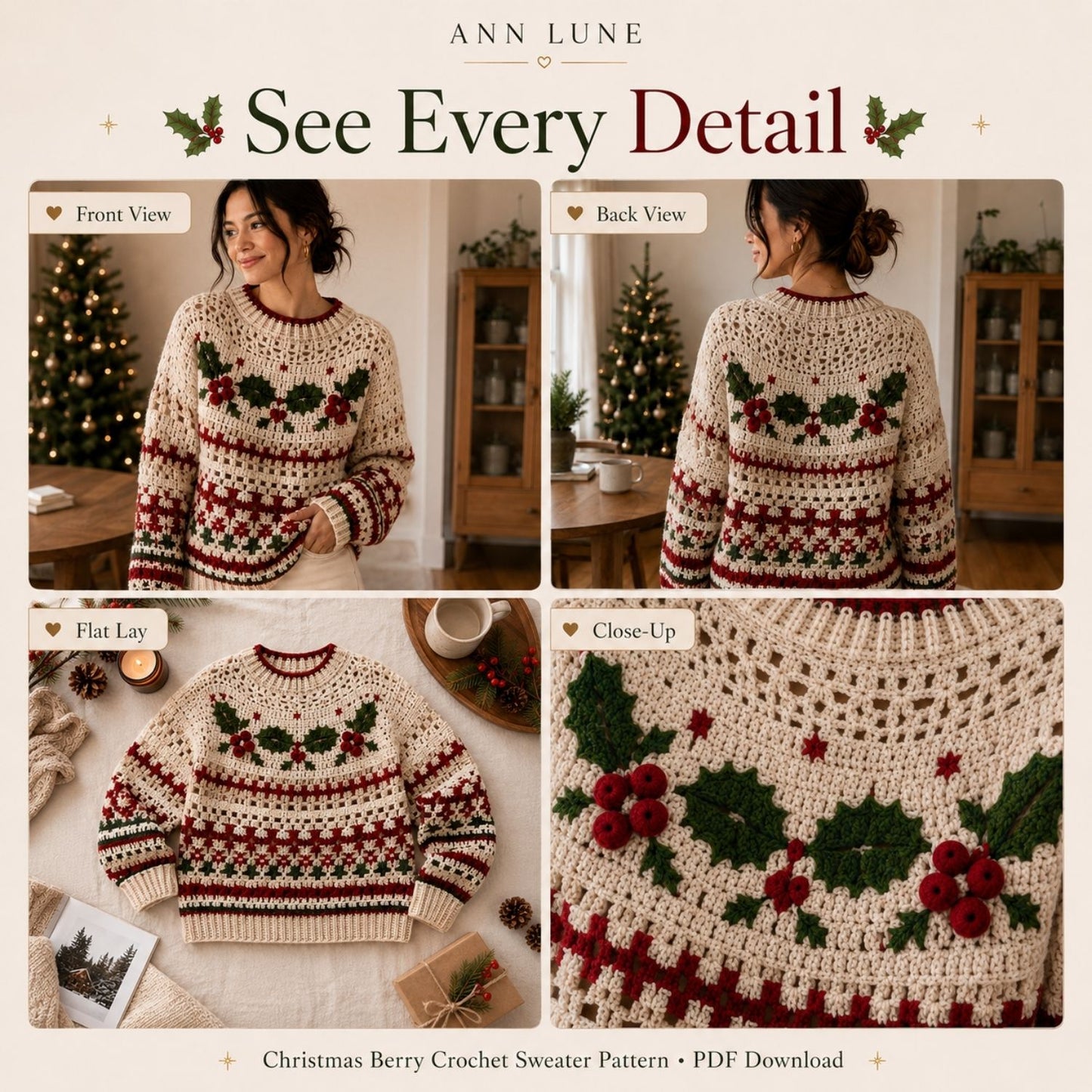 Christmas Berry Crochet Sweater Pattern PDF – Holly & Berry Holiday Pullover, Sizes XS–5XL, Beginner-Friendly Crochet Pattern