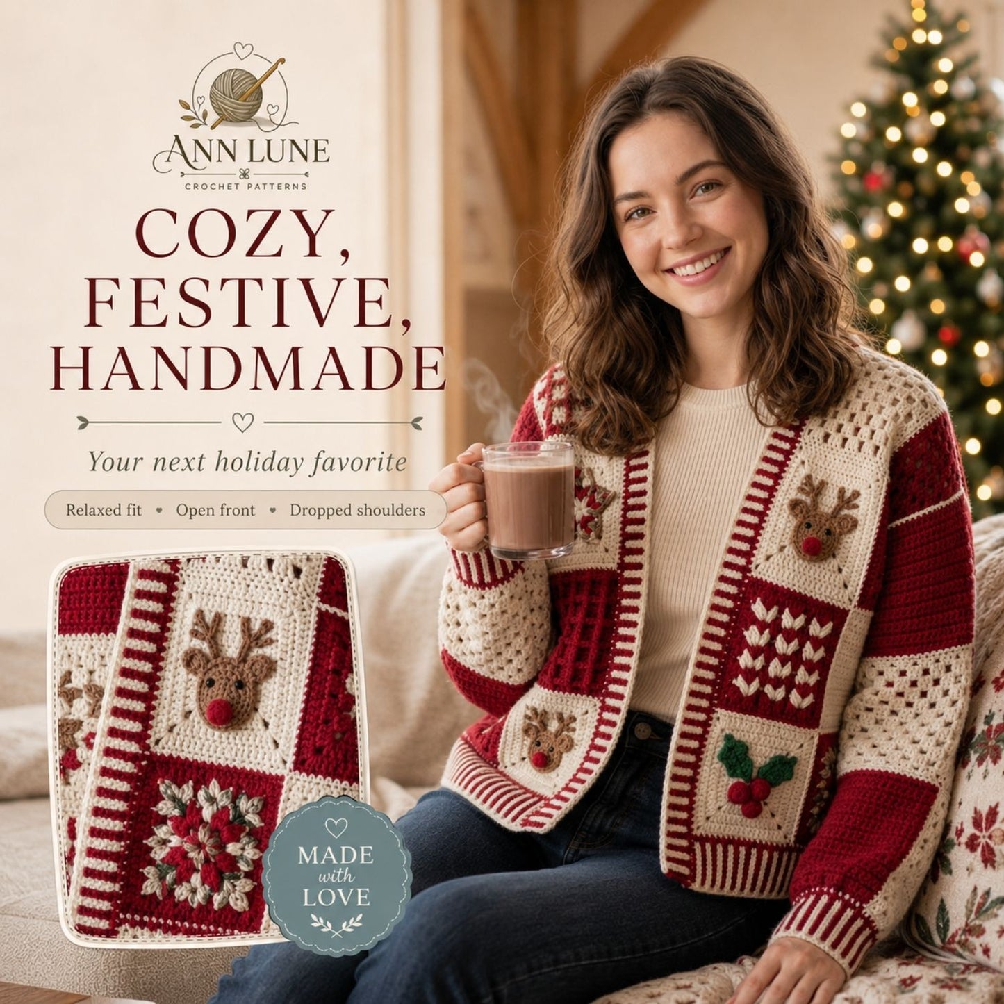 Christmas Patchwork Cardigan Crochet Pattern PDF, Holiday Granny Square Sweater Pattern, Reindeer & Holly Cardigan, Sizes XS–5XL