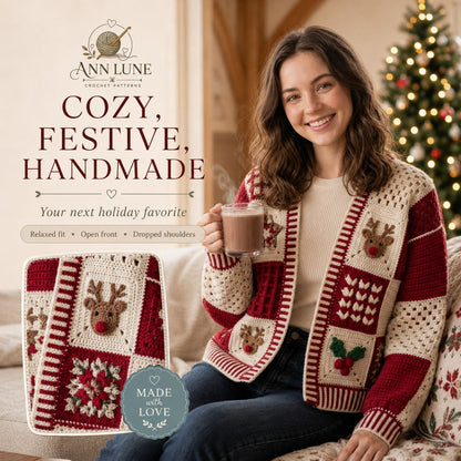 Christmas Patchwork Cardigan Crochet Pattern PDF, Holiday Granny Square Sweater Pattern, Reindeer & Holly Cardigan, Sizes XS–5XL