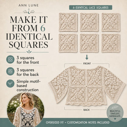 Laurel Top Crochet Pattern PDF + Video Tutorial, 6-Square Motif Crochet Sweater, Oversized Openwork Top Pattern