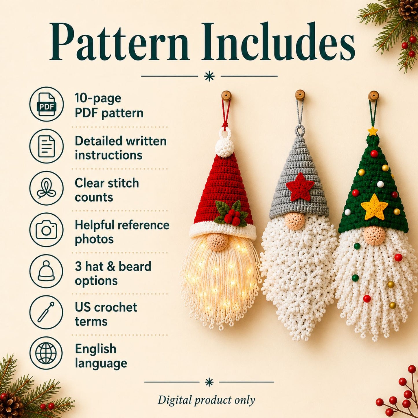 Christmas Gnome Door Hanger Crochet Pattern PDF | 3 Gnome Designs | Easy Christmas Decor Pattern