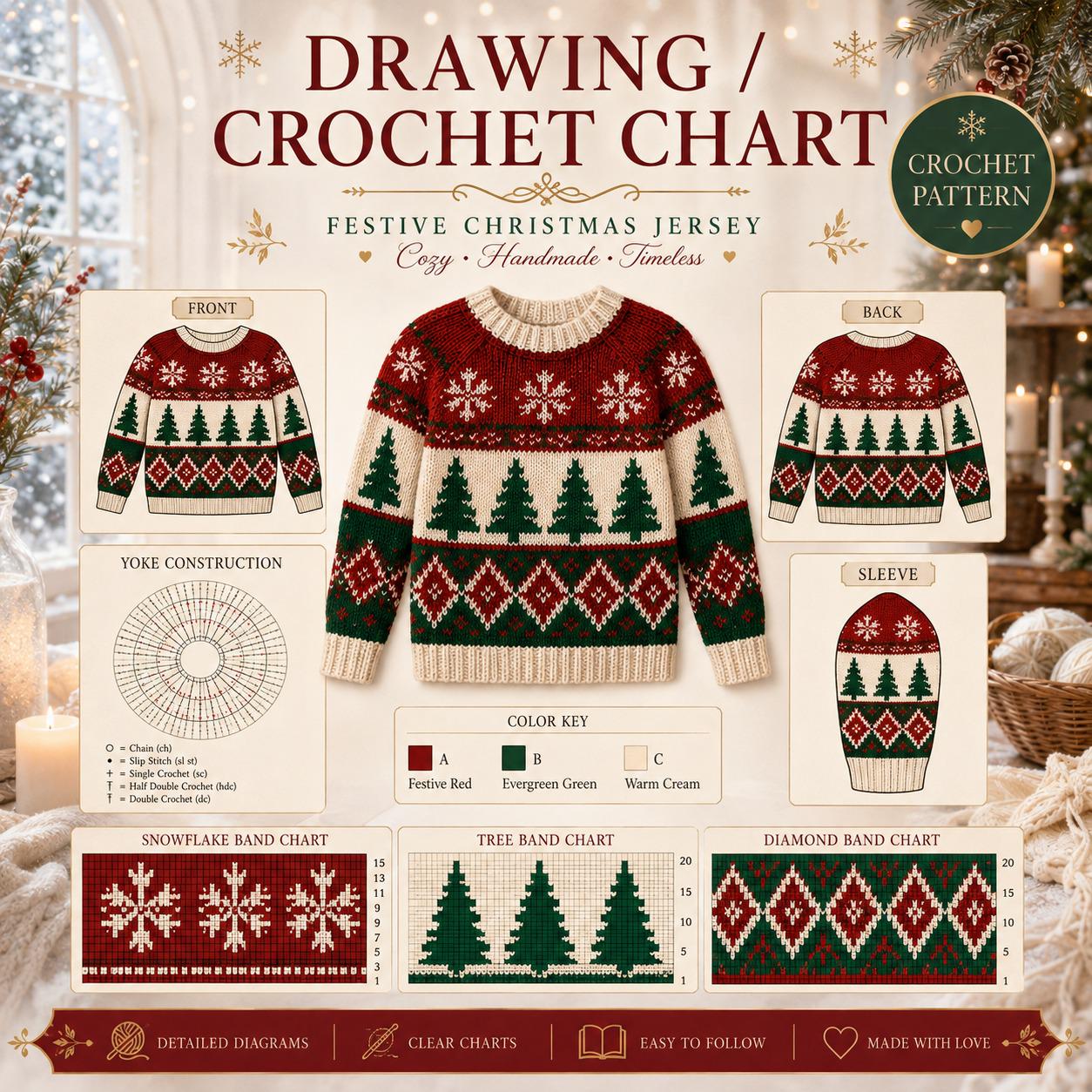 Nordic Christmas Crochet Sweater Pattern PDF – Step-by-Step Holiday Jumper Pattern, Christmas Colorwork Sweater, XS–2XL
