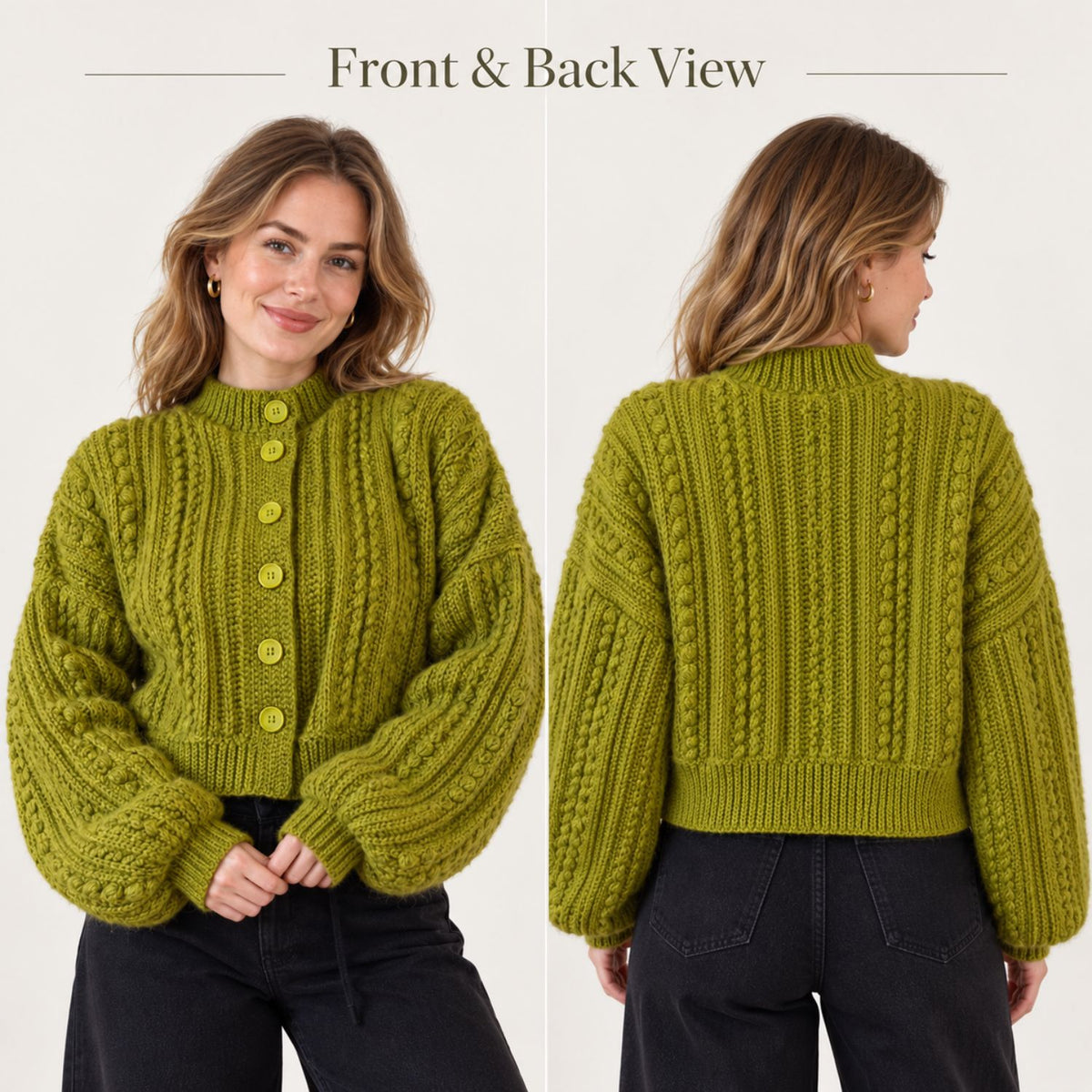 Made-to-Measure Cable Crochet Cardigan Pattern PDF – Textured Button Cardigan with Puff Stitch Panels