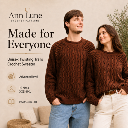 Unisex Crochet Sweater Pattern PDF – Twisting Trails Raglan Sweater, Advanced Crochet Pullover, XXS–5XL, Step-by-Step Tutorial