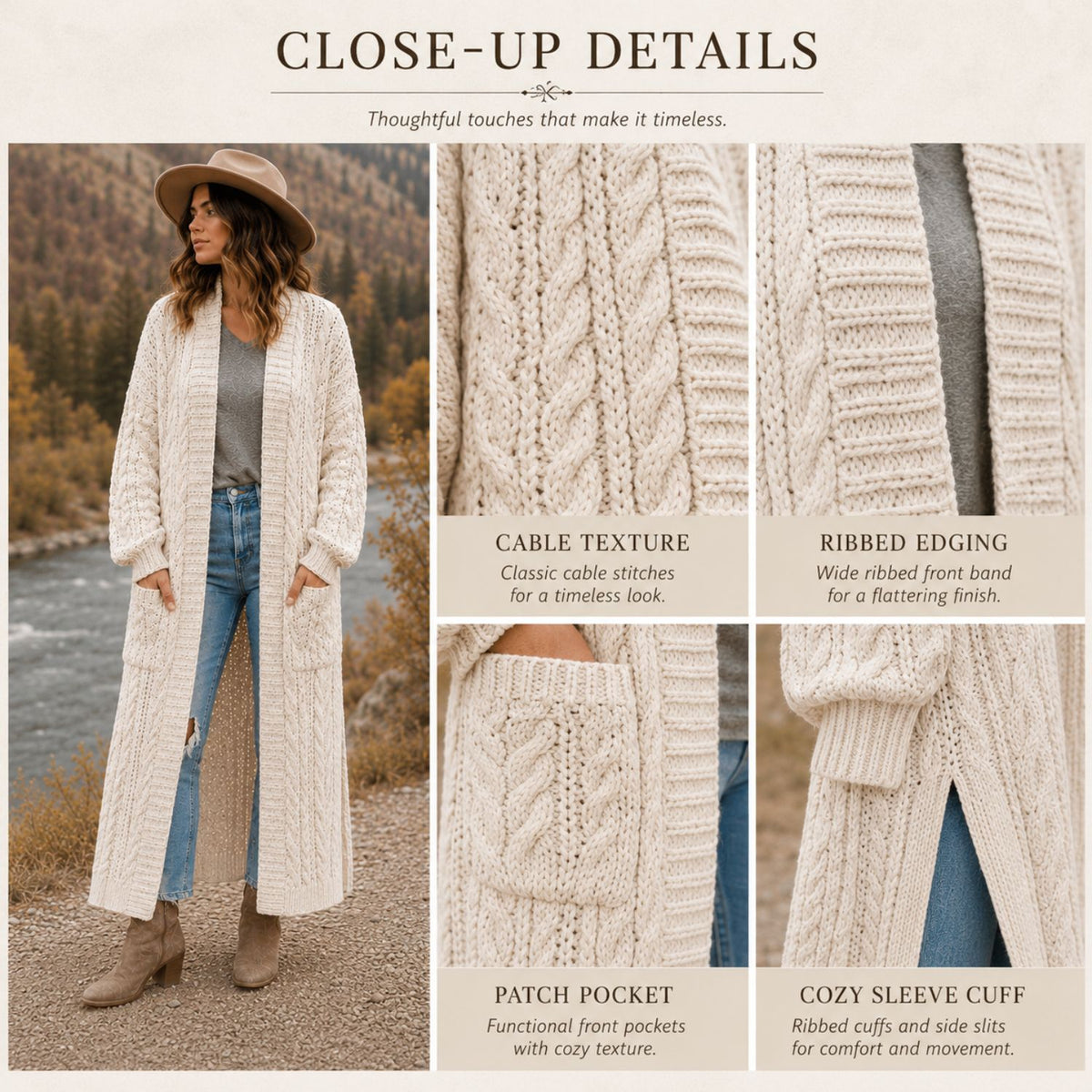 Long Cable Duster Cardigan Crochet Pattern PDF – Long Crochet Cardigan with Pockets, Cable Sweater Pattern XS–6XL