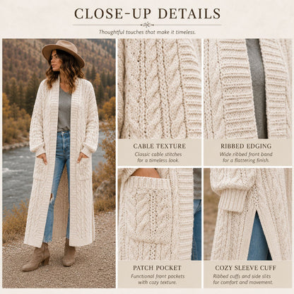 Long Cable Duster Cardigan Crochet Pattern PDF – Long Crochet Cardigan with Pockets, Cable Sweater Pattern XS–6XL