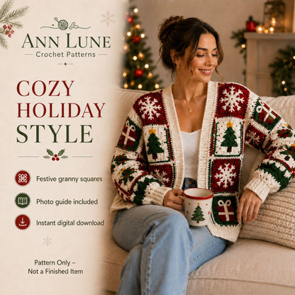 Christmas Granny Square Cardigan Crochet Pattern PDF, Holiday Sweater Pattern, Sizes S–5XL, Step-by-Step Tutorial