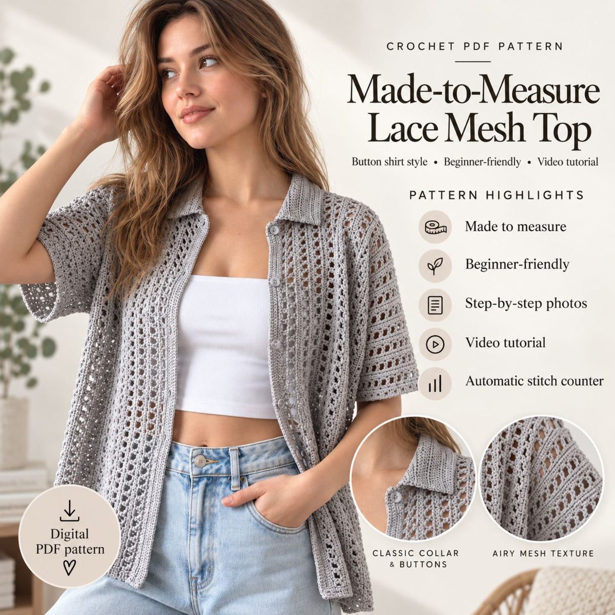Made-to-Measure Lace Crochet Shirt Pattern PDF – Button-Up Mesh Cardigan, Beginner-Friendly Crochet Top