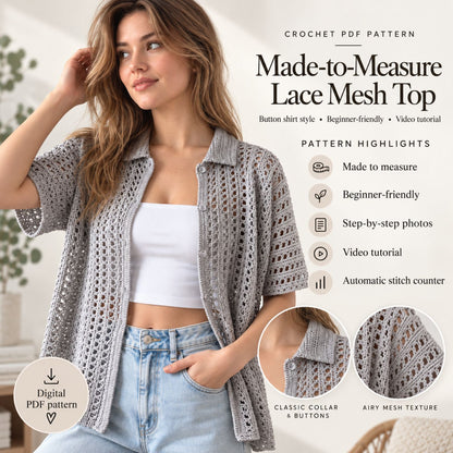 Made-to-Measure Lace Crochet Shirt Pattern PDF – Button-Up Mesh Cardigan, Beginner-Friendly Crochet Top