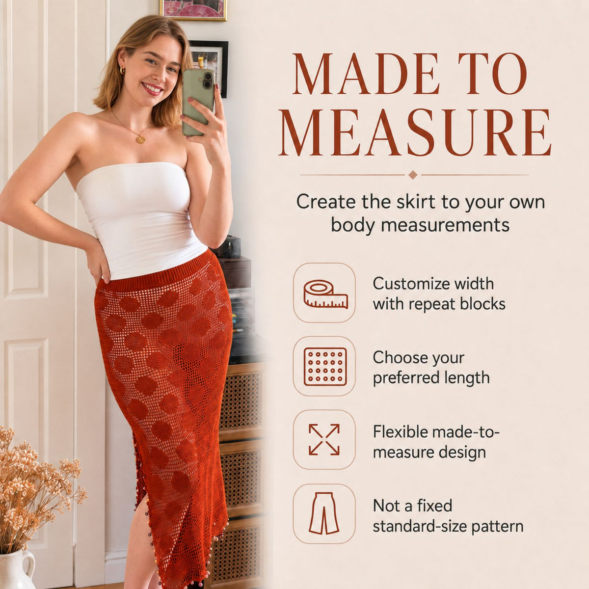 Filet Crochet Polka Dot Skirt Pattern PDF – Made-to-Measure Crochet Maxi Skirt, Side Split & Scalloped Hem