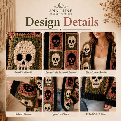Skull Patchwork Cardigan Crochet Pattern PDF, Gothic Granny Square Sweater Pattern, Sizes XS–5XL