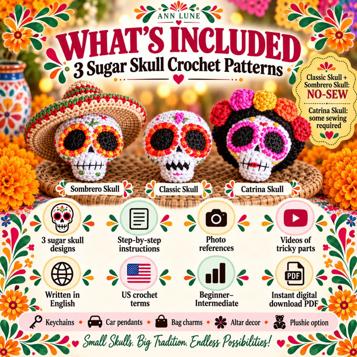 3-in-1 Sugar Skull Crochet Pattern Bundle PDF – Catrina, Sombrero & Classic Skull