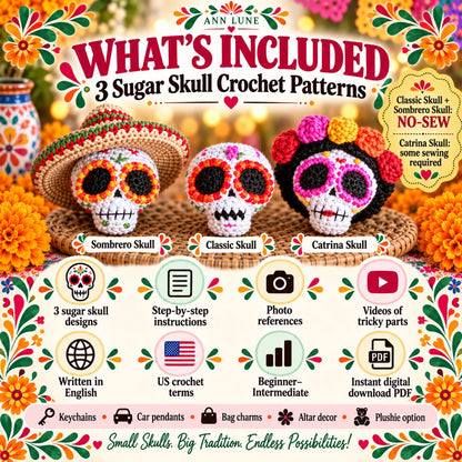 3-in-1 Sugar Skull Crochet Pattern Bundle PDF – Catrina, Sombrero & Classic Skull