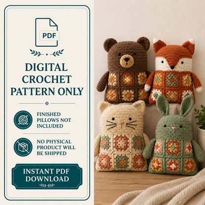 Woodland Animal Pillow Crochet Pattern Bundle PDF | Bear, Fox, Cat & Bunny