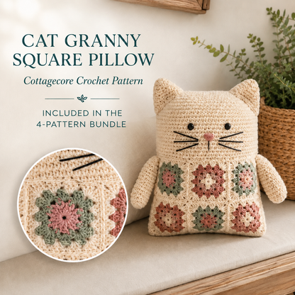 Woodland Animal Pillow Crochet Pattern Bundle PDF | Bear, Fox, Cat & Bunny
