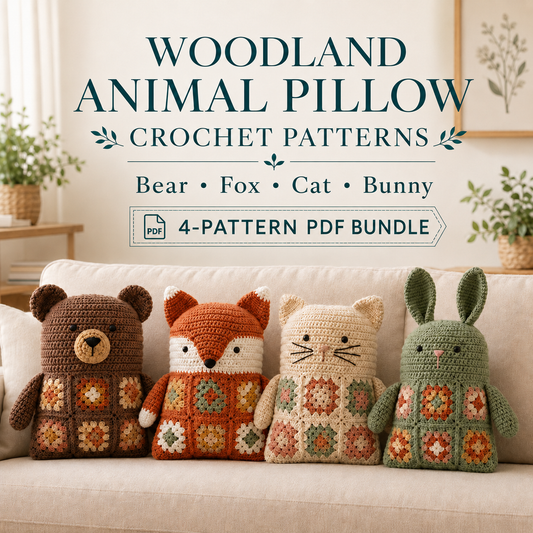 Woodland Animal Pillow Crochet Pattern Bundle PDF | Bear, Fox, Cat & Bunny