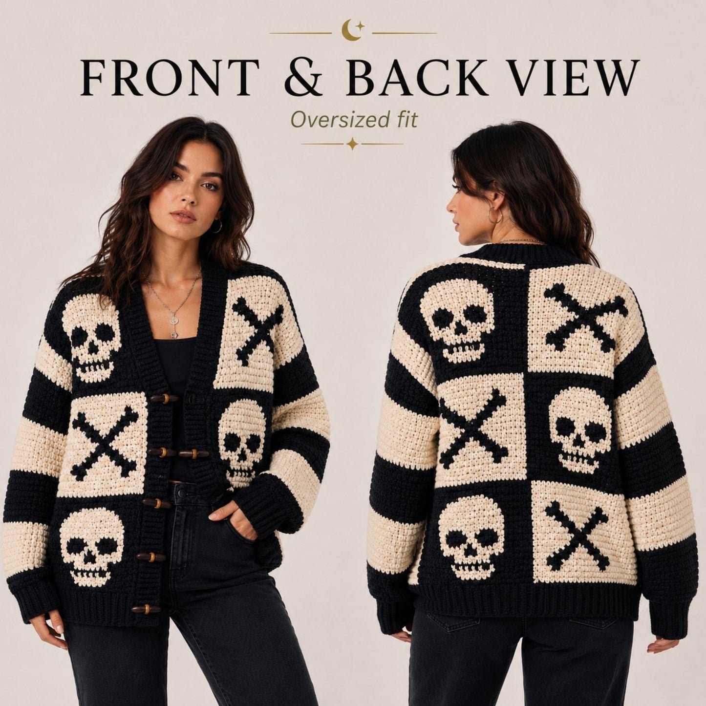 Skull Patchwork Cardigan Crochet Pattern PDF, Gothic Halloween Granny Square Sweater, 3 Languages