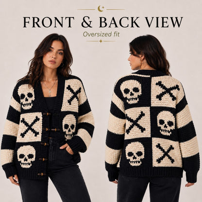Skull Patchwork Cardigan Crochet Pattern PDF, Gothic Halloween Granny Square Sweater, 3 Languages