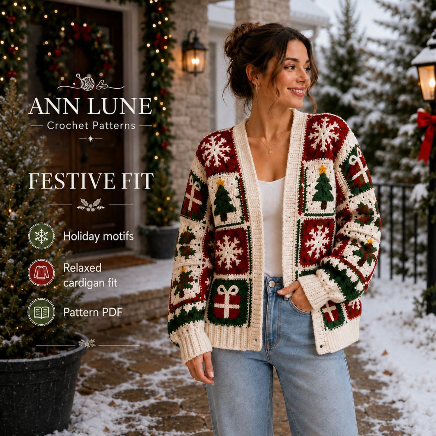 Christmas Granny Square Cardigan Crochet Pattern PDF, Holiday Sweater Pattern, Sizes S–5XL, Step-by-Step Tutorial