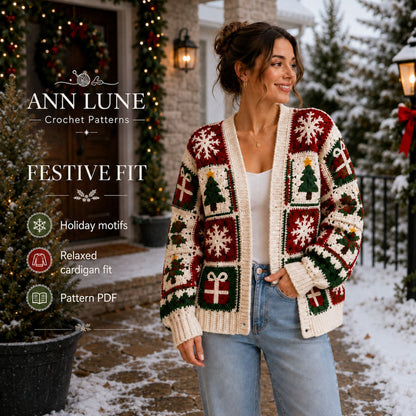 Christmas Granny Square Cardigan Crochet Pattern PDF, Holiday Sweater Pattern, Sizes S–5XL, Step-by-Step Tutorial