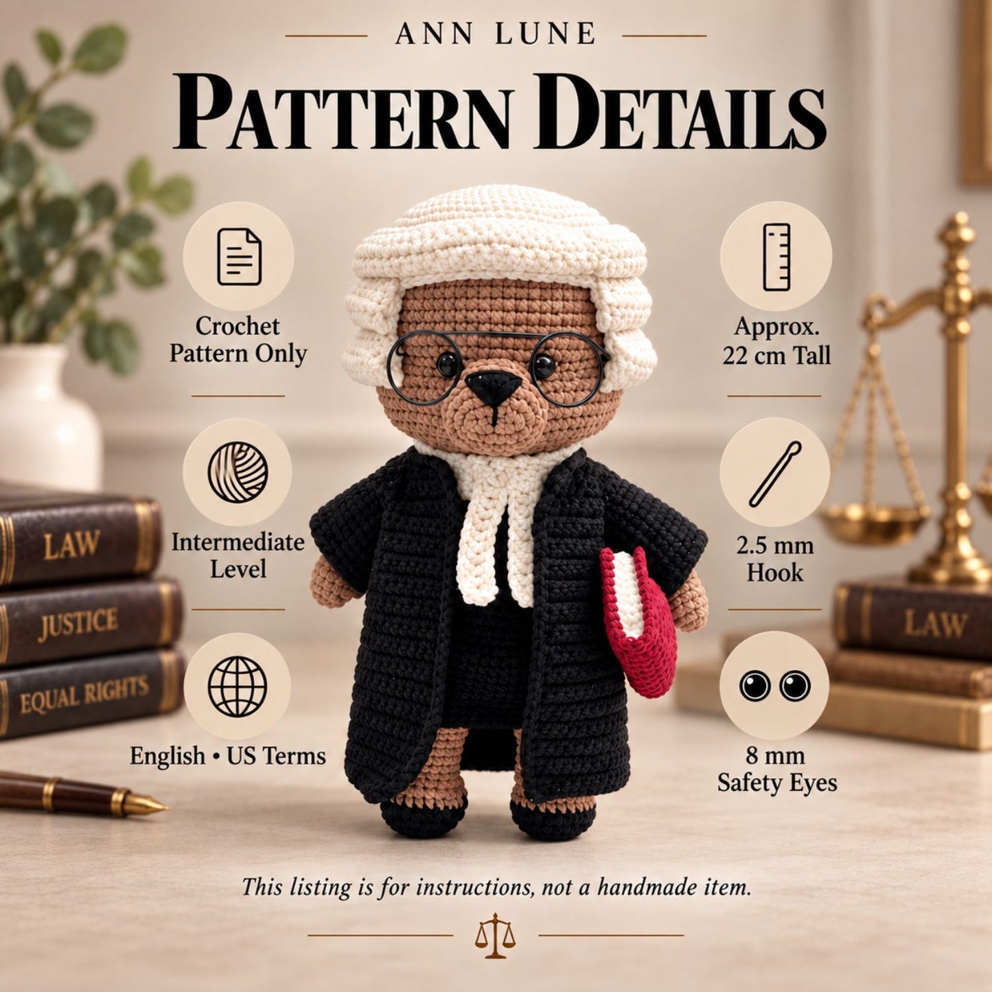 Barrister Bear Crochet Pattern PDF – Judge Bear Amigurumi, Lawyer Gift, Courtroom Crochet Pattern