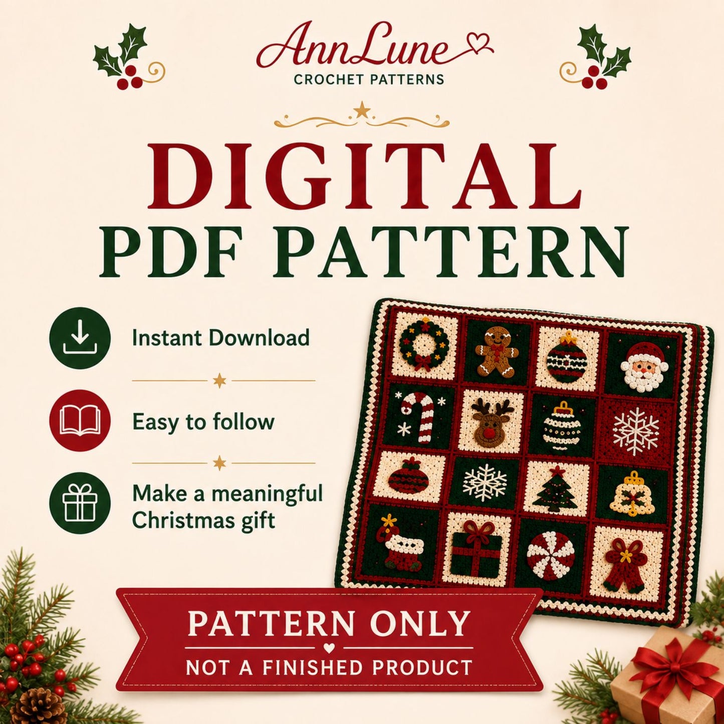 Christmas Crochet Blanket Pattern PDF – Granny Square Afghan, 16 Holiday Motifs, 3 Languages, Instant Download