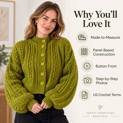 Made-to-Measure Cable Crochet Cardigan Pattern PDF – Textured Button Cardigan with Puff Stitch Panels