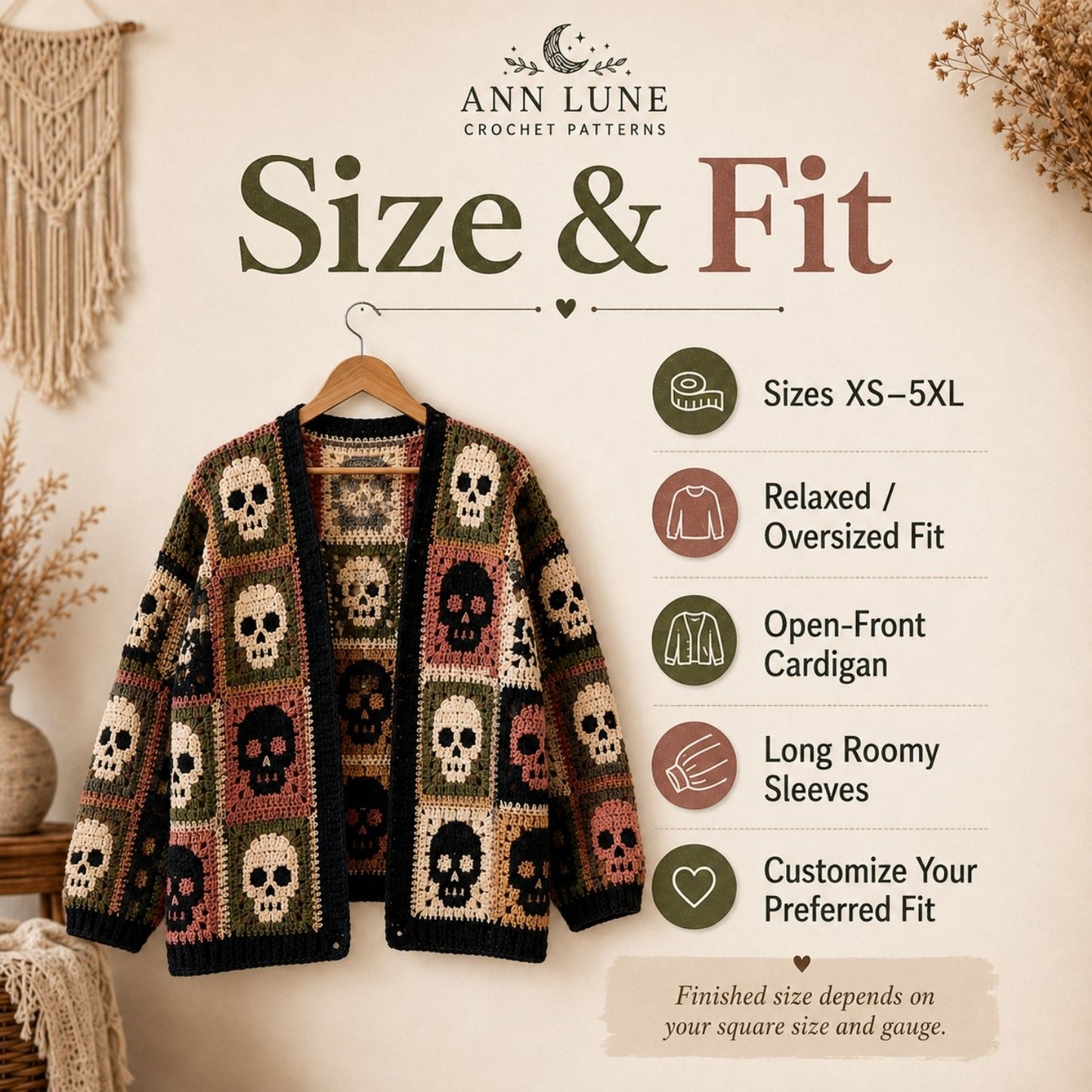 Skull Patchwork Cardigan Crochet Pattern PDF, Gothic Granny Square Sweater Pattern, Sizes XS–5XL