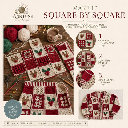 Christmas Patchwork Cardigan Crochet Pattern PDF, Holiday Granny Square Sweater Pattern, Reindeer & Holly Cardigan, Sizes XS–5XL