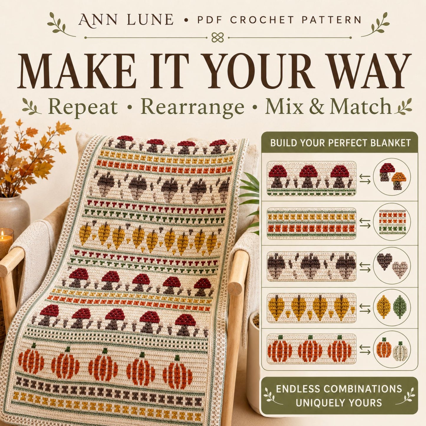 Fall Mosaic Crochet Blanket Pattern PDF, Pumpkin Mushroom Acorn Autumn Blanket, Overlay Mosaic Crochet Pattern