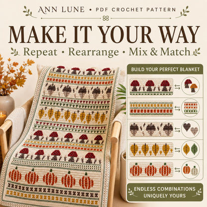 Fall Mosaic Crochet Blanket Pattern PDF, Pumpkin Mushroom Acorn Autumn Blanket, Overlay Mosaic Crochet Pattern