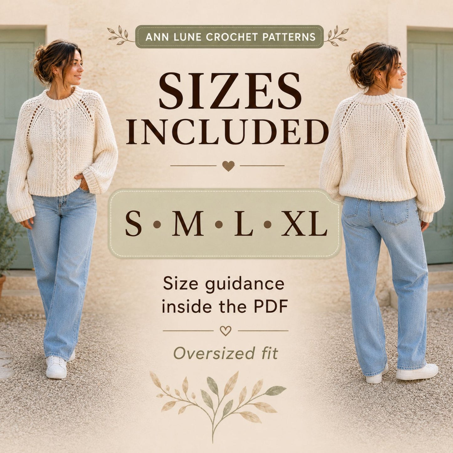 Crochet Cable Sweater Pattern PDF – Oversized Textured Pullover with Balloon Sleeves, Sizes S–XL