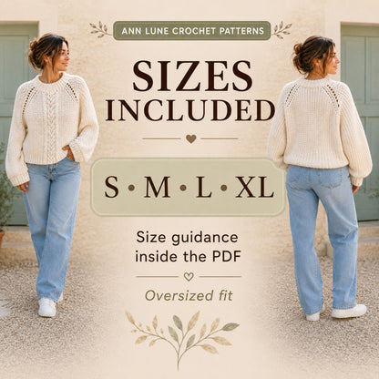 Crochet Cable Sweater Pattern PDF – Oversized Textured Pullover with Balloon Sleeves, Sizes S–XL