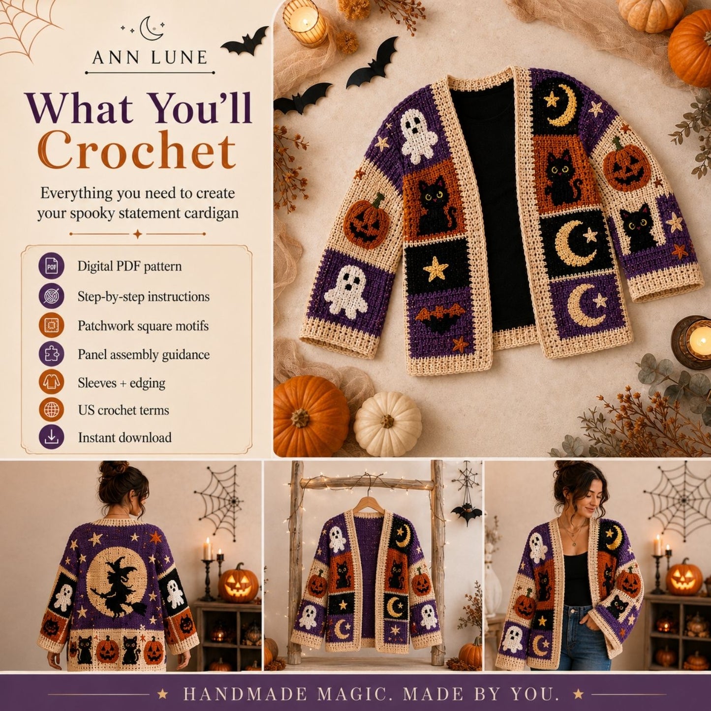 Halloween Crochet Patchwork Cardigan Pattern PDF, Spooky Pumpkin Ghost Cat Sweater, Gothic Fall Crochet Pattern, XS–8XL
