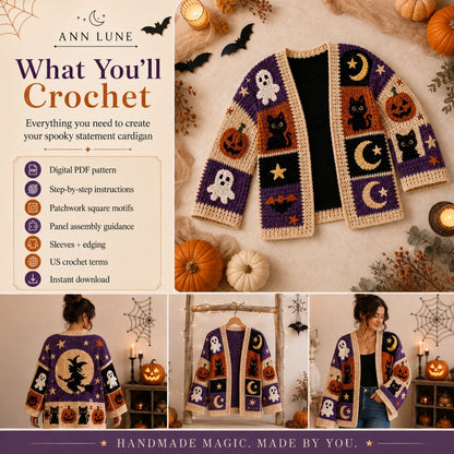 Halloween Crochet Patchwork Cardigan Pattern PDF, Spooky Pumpkin Ghost Cat Sweater, Gothic Fall Crochet Pattern, XS–8XL