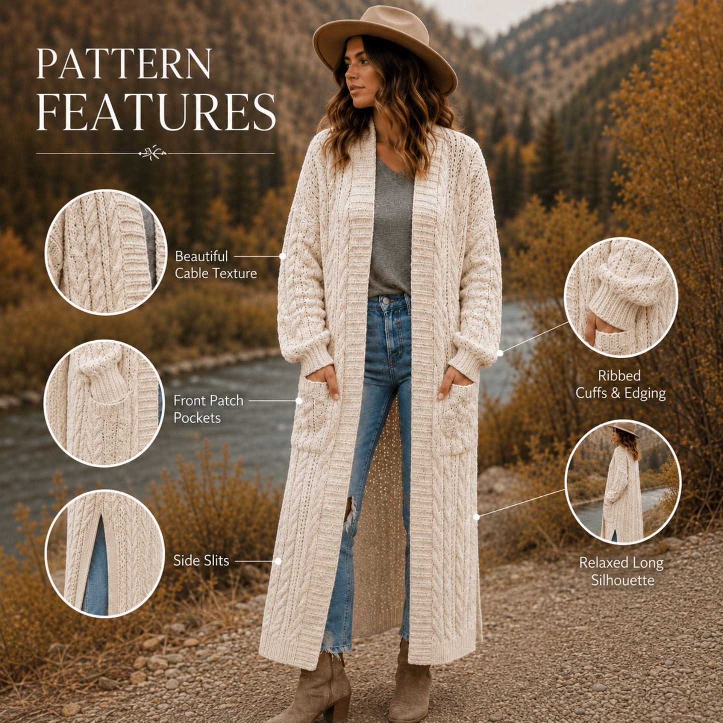Long Cable Duster Cardigan Crochet Pattern PDF – Long Crochet Cardigan with Pockets, Cable Sweater Pattern XS–6XL