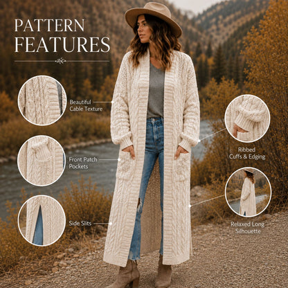 Long Cable Duster Cardigan Crochet Pattern PDF – Long Crochet Cardigan with Pockets, Cable Sweater Pattern XS–6XL