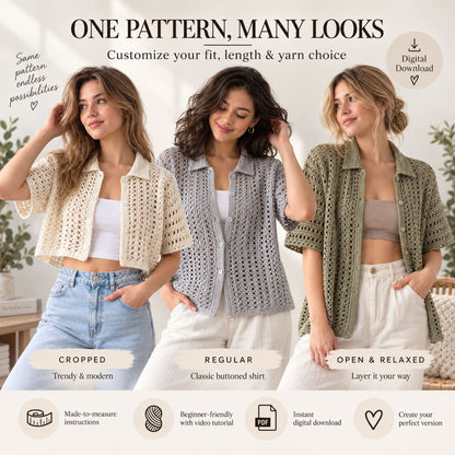 Made-to-Measure Lace Crochet Shirt Pattern PDF – Button-Up Mesh Cardigan, Beginner-Friendly Crochet Top