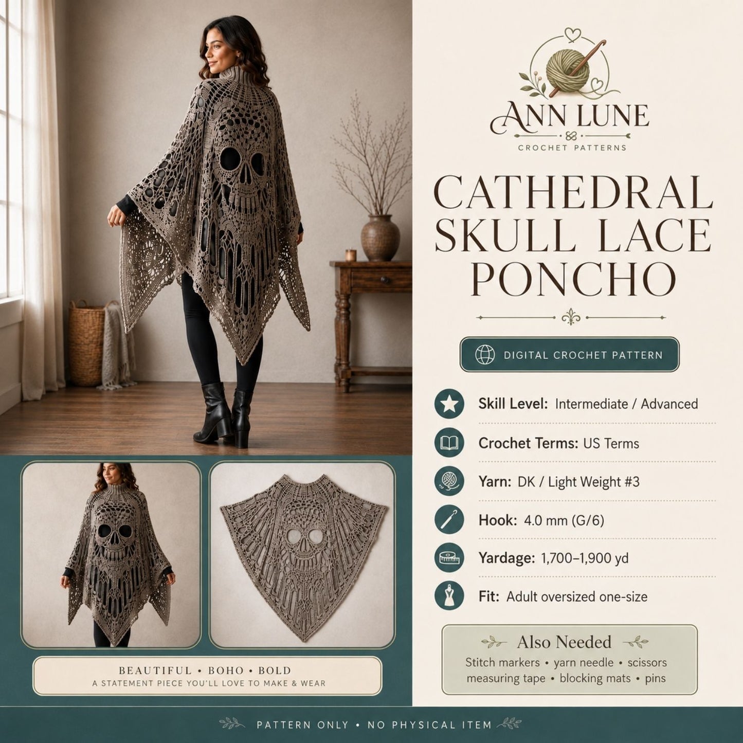 Skull Lace Poncho Crochet Pattern PDF, Gothic Cathedral Skull Poncho Pattern, Halloween Crochet Cape, 4 Languages Digital Download
