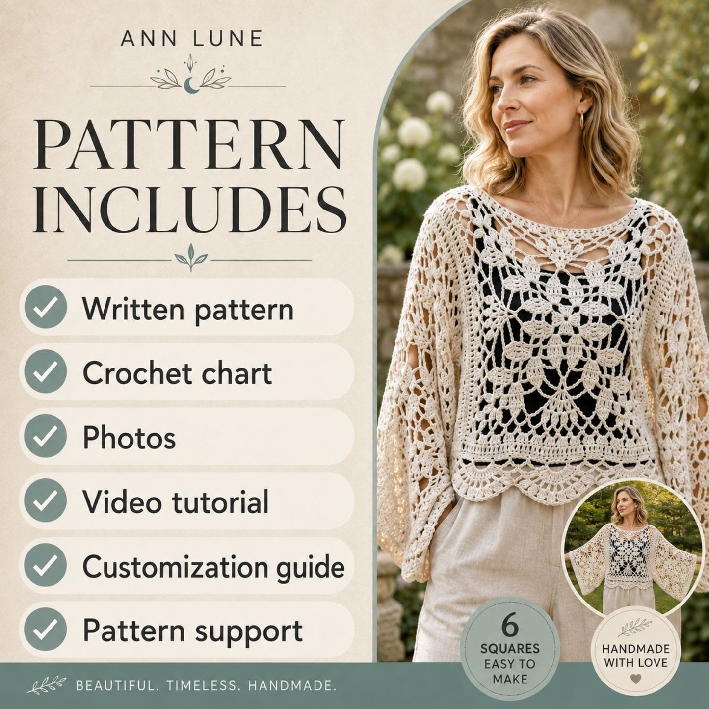 Laurel Top Crochet Pattern PDF + Video Tutorial, 6-Square Motif Crochet Sweater, Oversized Openwork Top Pattern