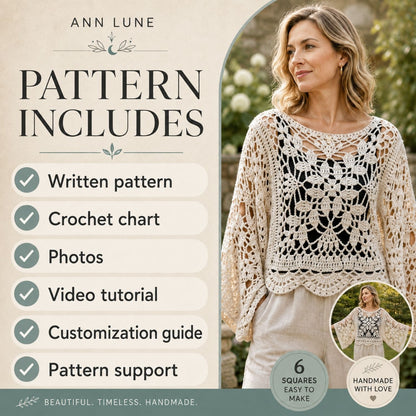Laurel Top Crochet Pattern PDF + Video Tutorial, 6-Square Motif Crochet Sweater, Oversized Openwork Top Pattern