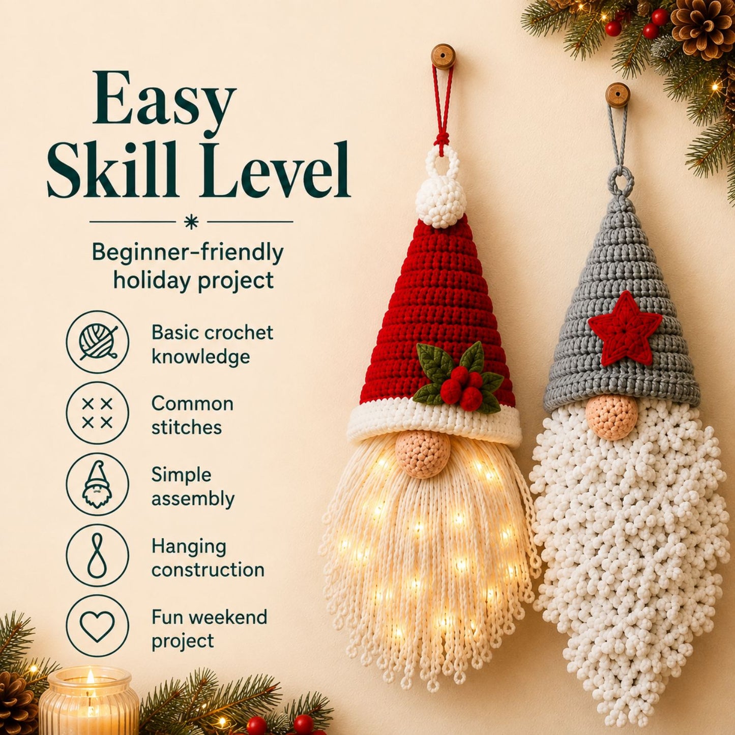 Christmas Gnome Door Hanger Crochet Pattern PDF | 3 Gnome Designs | Easy Christmas Decor Pattern