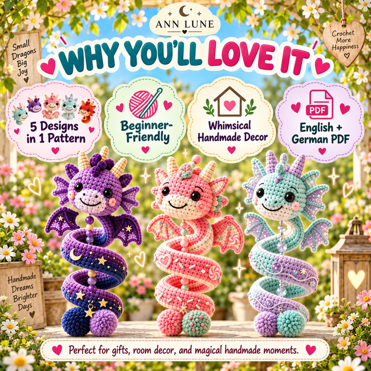 5-in-1 Crochet Dragon Spiral Hanging Pattern PDF – Dragon Ornament & Fantasy Decor Bundle
