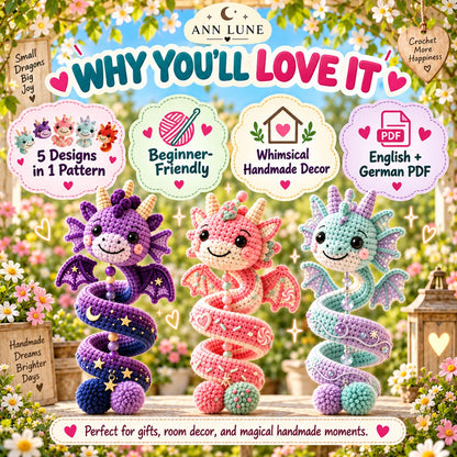 5-in-1 Crochet Dragon Spiral Hanging Pattern PDF – Dragon Ornament & Fantasy Decor Bundle